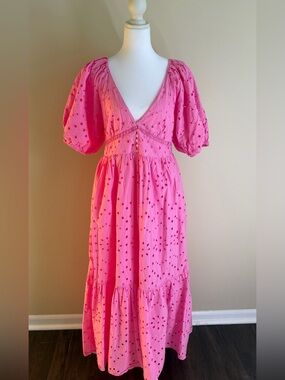 Zara Hot Pink Eyelet V-Neck Maxi Dress